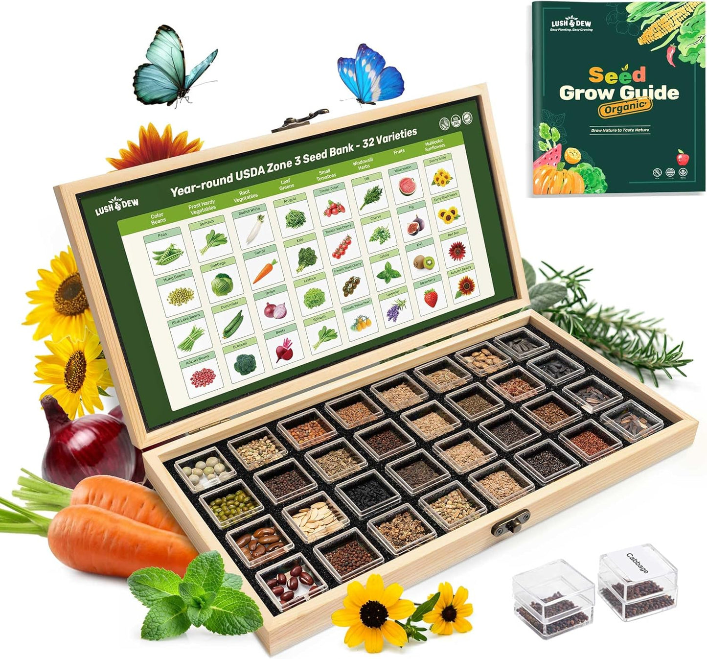 Lush&Dew USDA Zone 3 Seed Bank, Gardening Gifts for Women Men, 32 Varieties Non-GMO Heirloom Seeds for Planting Vegetables Fruits, Year Round Survival Seed Kit for Raised Garden Bed Greenhouse