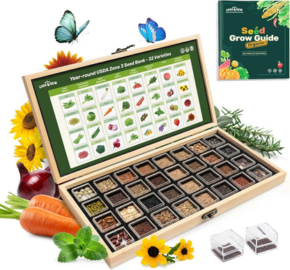 Lush&Dew USDA Zone 3 Seed Bank, Gardening Gifts for Women Men, 32 Varieties Non-GMO Heirloom Seeds for Planting Vegetables Fruits, Year Round Survival Seed Kit for Raised Garden Bed Greenhouse