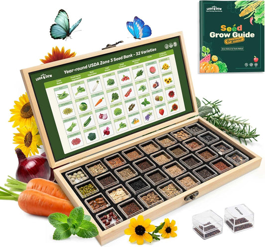Lush&Dew USDA Zone 3 Seed Bank, Gardening Gifts for Women Men, 32 Varieties Non-GMO Heirloom Seeds for Planting Vegetables Fruits, Year Round Survival Seed Kit for Raised Garden Bed Greenhouse