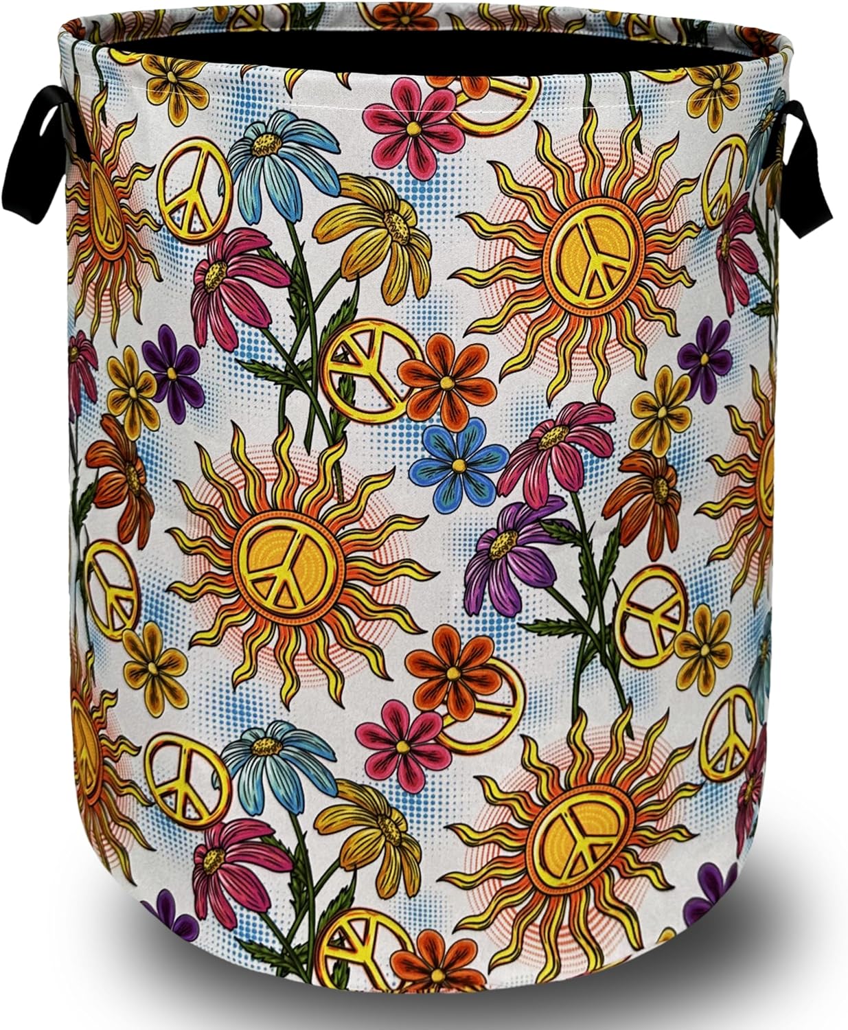 Colorful Hippie Peace Flowers Laundry Basket Foldable With Handles Tote Bag Oxford Cloth Funny Laundry Hamper Clothes Storage Bucket Toy Organizer For Bathroom/Laundry/Bedroom 18.9"x16.5 "
