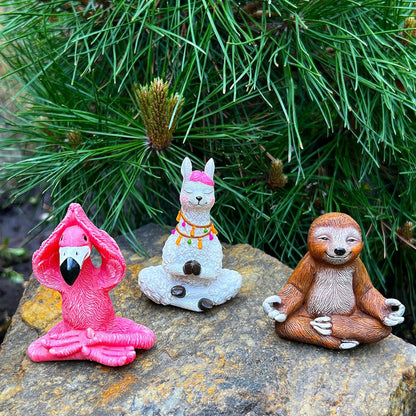 Mood Lab Miniature Yoga Figurines Set - Funny Mini Statue Kit of 3 pcs - Flamingo, Lama & Sloth in Meditation Pose - Fairy Garden Decor
