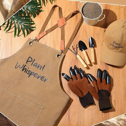Tarpop Garden Tool Set Plant Whisperer Gardening Gifts for Women, 7 Piece Vegetable Planting Tool Kit with Cap Canvas Apron Gloves Soil Scoop Transplant Trowel Cultivator Flower Tub (Brown)