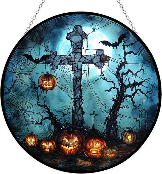 Halloween Crow Cross Suncatcher Stained Glass Window Hanging Handmade Stained Glass Suncatchers Decoration Metal Chain Outdoor Garden Decor Gift for Women Christmas Thanksgiving Gifts