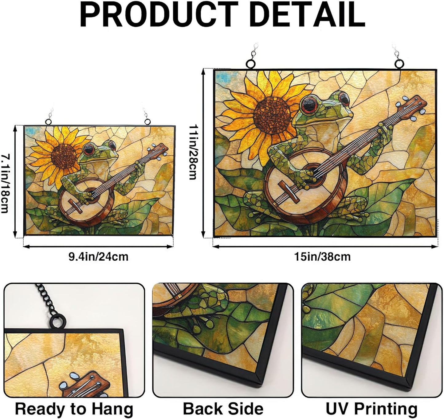 Customized Rectangle Boho Frog Playing Banjo Stained Glass Window Hanging Suncatcher Stained Glass Home Decor Garden Halloween Christmas Party Wedding Housewarming Gifts