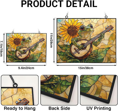 Customized Rectangle Boho Frog Playing Banjo Stained Glass Window Hanging Suncatcher Stained Glass Home Decor Garden Halloween Christmas Party Wedding Housewarming Gifts