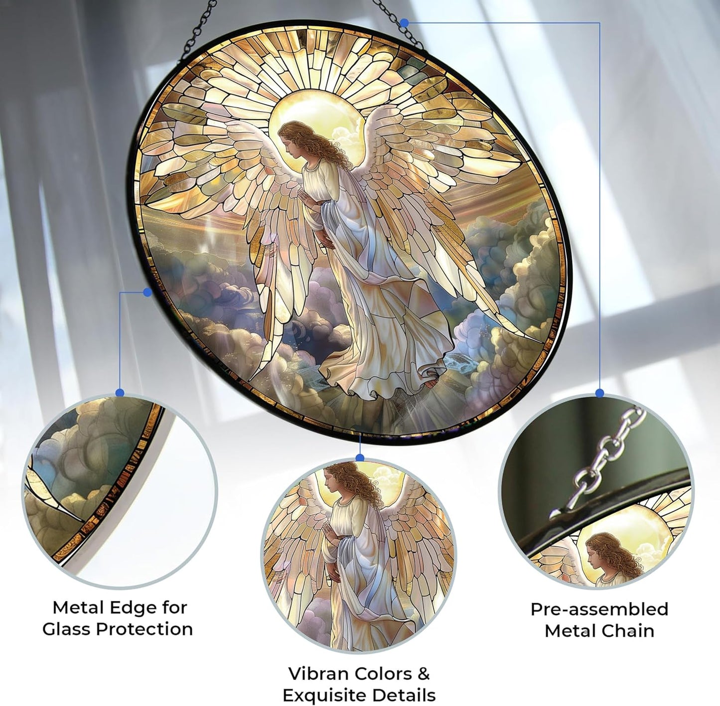 Angel Mushroom Suncatcher Stained Glass Window Hanging, 12'' Hand-Painted Floral Sun Catcher Window Wall Decor with Chain, Birthday Gifts for Mom Grandma Wife