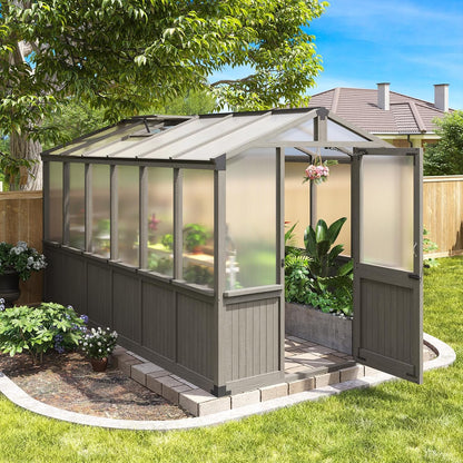 Aoxun 6x12 FT Wood Green House for Outdoors, Polycarbonate Panel Wooden Walk-in Greenhouse Kit with Automatic Temperature Control Roof Vent and Lockable Door, for Outside Backyard Garden, Gray