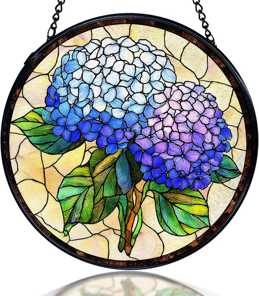 kdqua Hydrangea Flower Suncatcher Stained Glass Window Hanging, Blue Hydrangea Sun Catchers Indoor