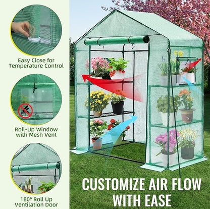 Greengro Greenhouse, 28 x 57 x 76'' Greenhouses for Outdoors, Small Plant Green House with Screen Windows, 3 Tiers 4 Shelves, Durable PE Cover, Plastic Portable Wall in Greenhouses for Outside Indoor
