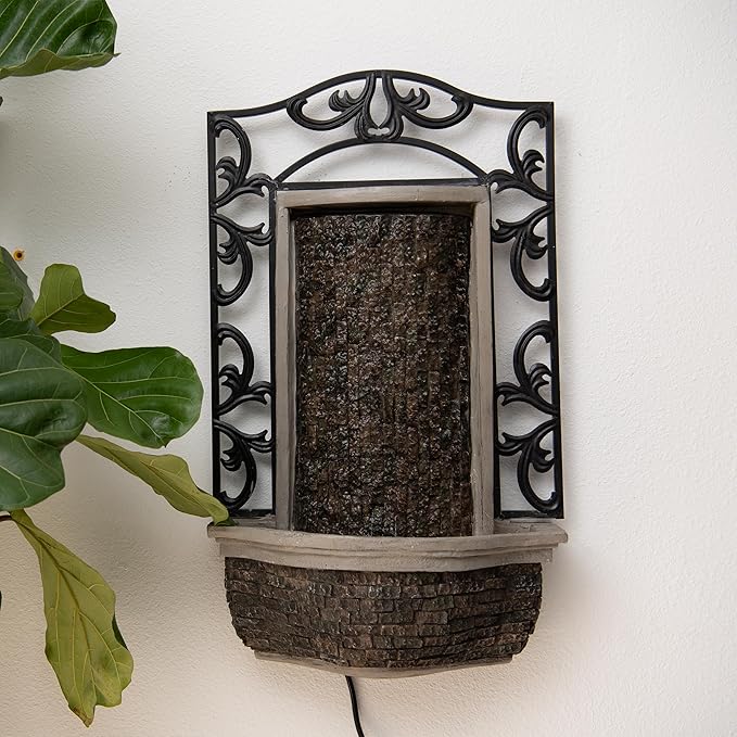 30" Wall Mounted Water Fountain – Indoor Outdoor, Black Stone Finish, Cascading Waterfall Decor