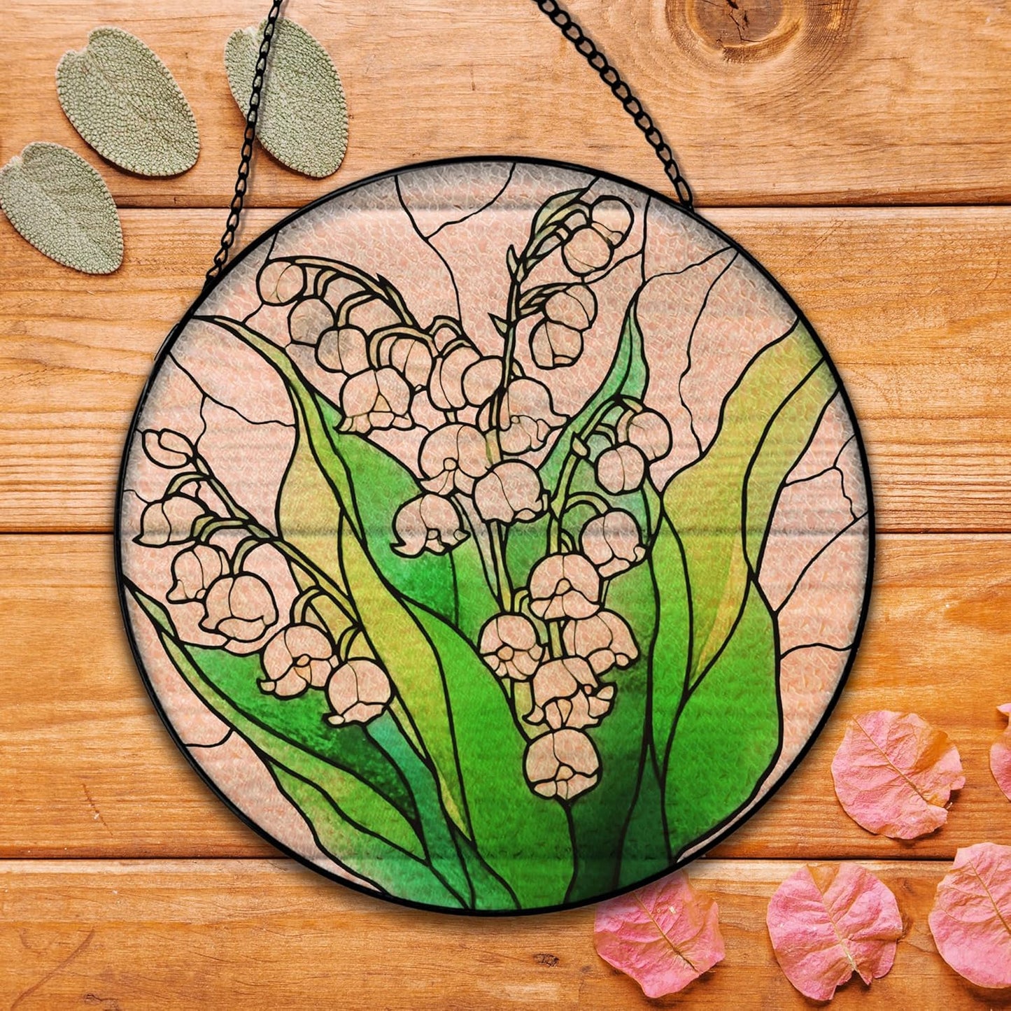 Lily of The Valley Flower Suncatcher Stained Glass Window Hanging, Lily of The Valley Sun Catchers Indoor Window Glass Round Wall Decor, Floral Wall Art Hanging Decorations, ＂7.8x7.8＂