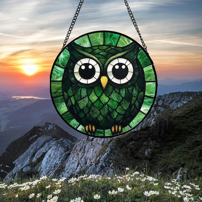 Stained Glass Window Hanging - Green Owl Suncatcher for Doors Garden Patio Funny Bird Sun Catchers Decor Christmas Mother's Day Birthday Teenager Gifts for Women Men Mom Nana Friend 15 in