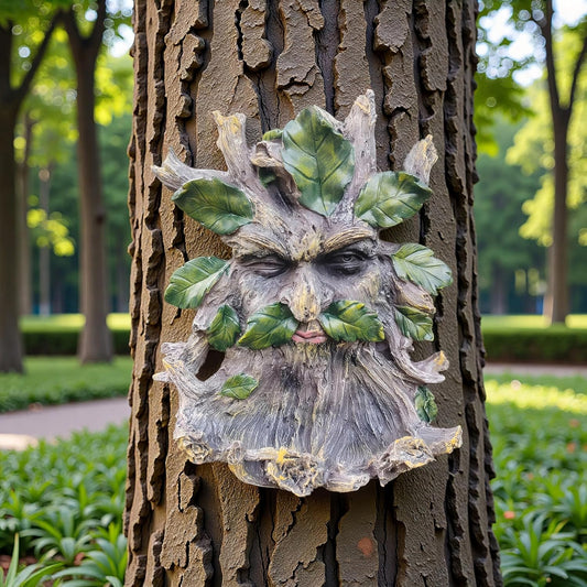 Whimsical Tree Face Garden Decoration ，Tree Faces Decor Outdoor Wallmounted Statue Art with Leaf Features, Outdoor Decor Garden Accessory (Home Decor)