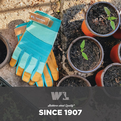 Wells Lamont Women's HydraHyde Leather Hybrid Gloves – Water-Resistant, Durable Cowhide Palm, Spandex Stretch Back – Ideal Landscaping/Farming/Gardening Gloves – Adjustable Wrist – Small, Blue (3250S)