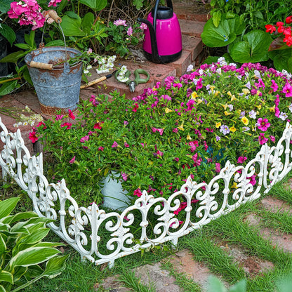 Sungmor Decorative Cast Iron Garden Edging, 4 Pack Rustic White Victorian Garden Edging Landscape Border, Vintage Metal Yard Stake Low Picket Fence, 10.6" Tall Outdoor Flower Bed Lawn Fence Panels