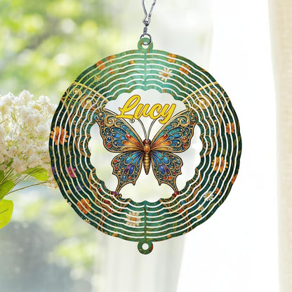 Personalized Butterfly Wind Spinner 3D Stainless Steel, Butterfly Garden Spinner Hanging Outdoor Decor, Wind Spinners Outdoor, Custom Gift for Grandmother, Mom, Wife