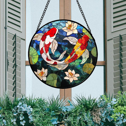 Stained Glass Window Hanging, Koi and Lotus Sun Catcher for Door Home Decor Fish Suncatcher Christmas Mother's Day Birthday Gifts for Women Men Mom and Nana 11.8 in