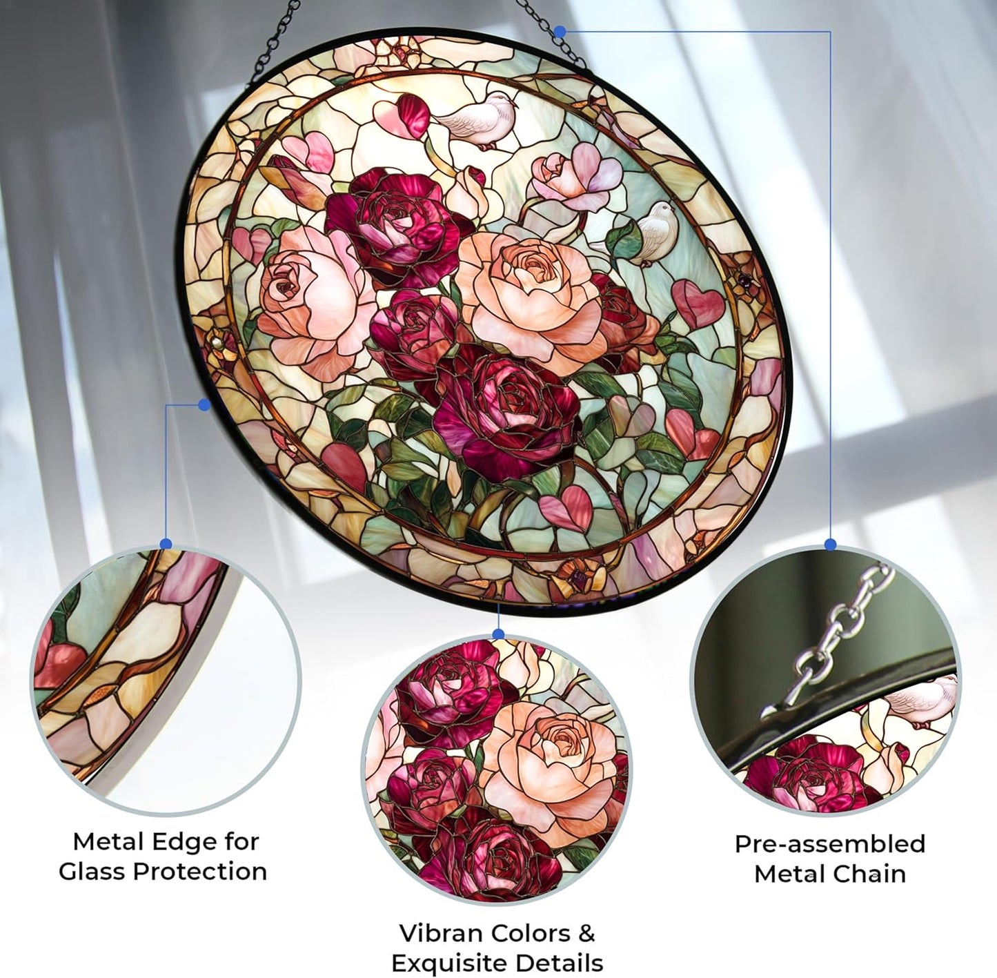 Valentine Blooming Roses Stained Glass Window Hanging by Clare Donovan, Suncatcher for Women, Stained Glass Window Decor Perfect Home Décor