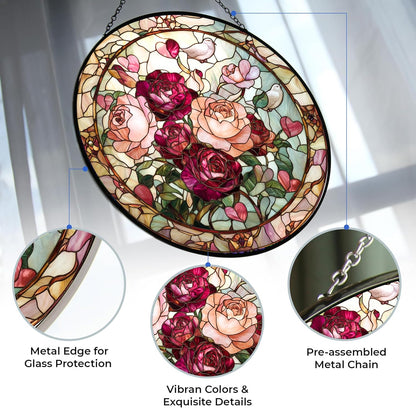 Valentine Blooming Roses Stained Glass Sun Catcher, Wall Hanging Colored Decor Room Indoor Window Decor, Halloween, Christmas Hanging Ornament Mother Day
