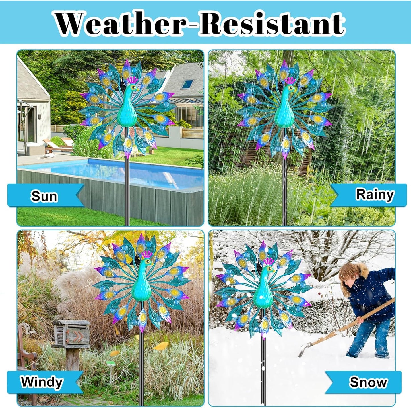 Metal Outdoor Wind Spinner, 2-Way Wind Sculpture Spinner with Metal Stake, Waterproof 360 Degrees Kinetic Windmill Art Decoration for Patio Garden Lawn (Peacock B)