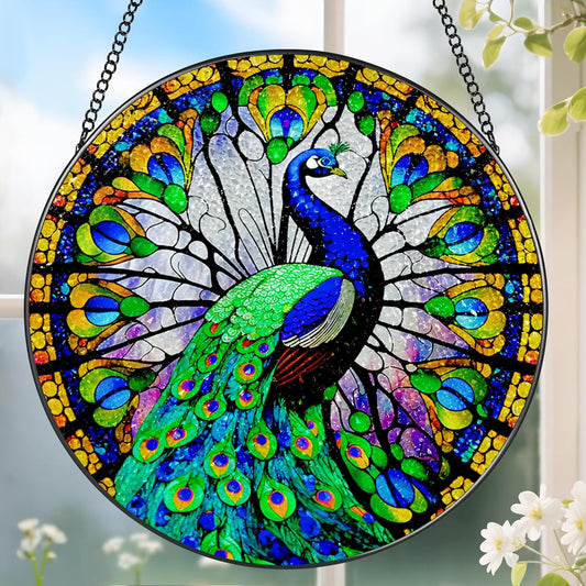 8 Inch Stained Glass Suncatcher Ornament, DOUHASU Peacock Sun Catchers Indoor Window, Stained Glass