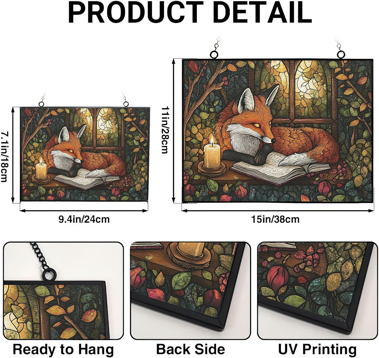 Personalized Rectangle Boho Fox Journaling in Forest Stained Glass Window Hanging, Stained Glass Window Decor Suncatcher for Women, Home Décor