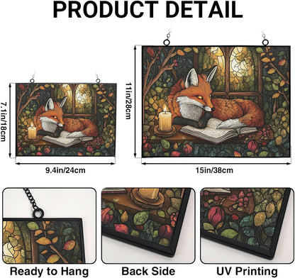 Personalized Rectangle Boho Fox Journaling in Forest Stained Glass Window Hanging, Stained Glass Window Decor Suncatcher for Women, Home Décor