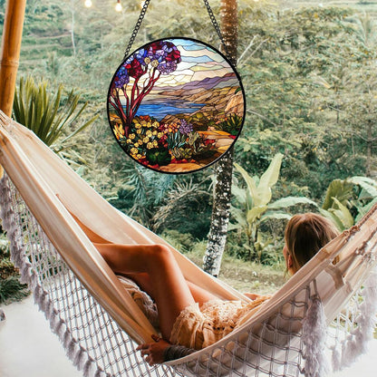 Stained Glass Window Hanging Retro Wildflowers Lake Mountain Scenery 9.8" - Suncatcher Door Garden Sun Catcher Home Decor Birthday Christmas for Mom Men Woman Friend