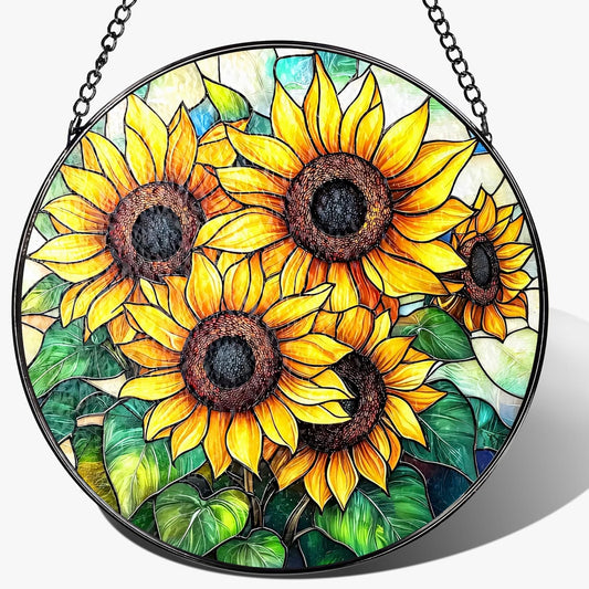 Stained Glass Window Hanging, 8 Inch Sunflower Stained Glass Suncatcher, Suncatchers for Windows