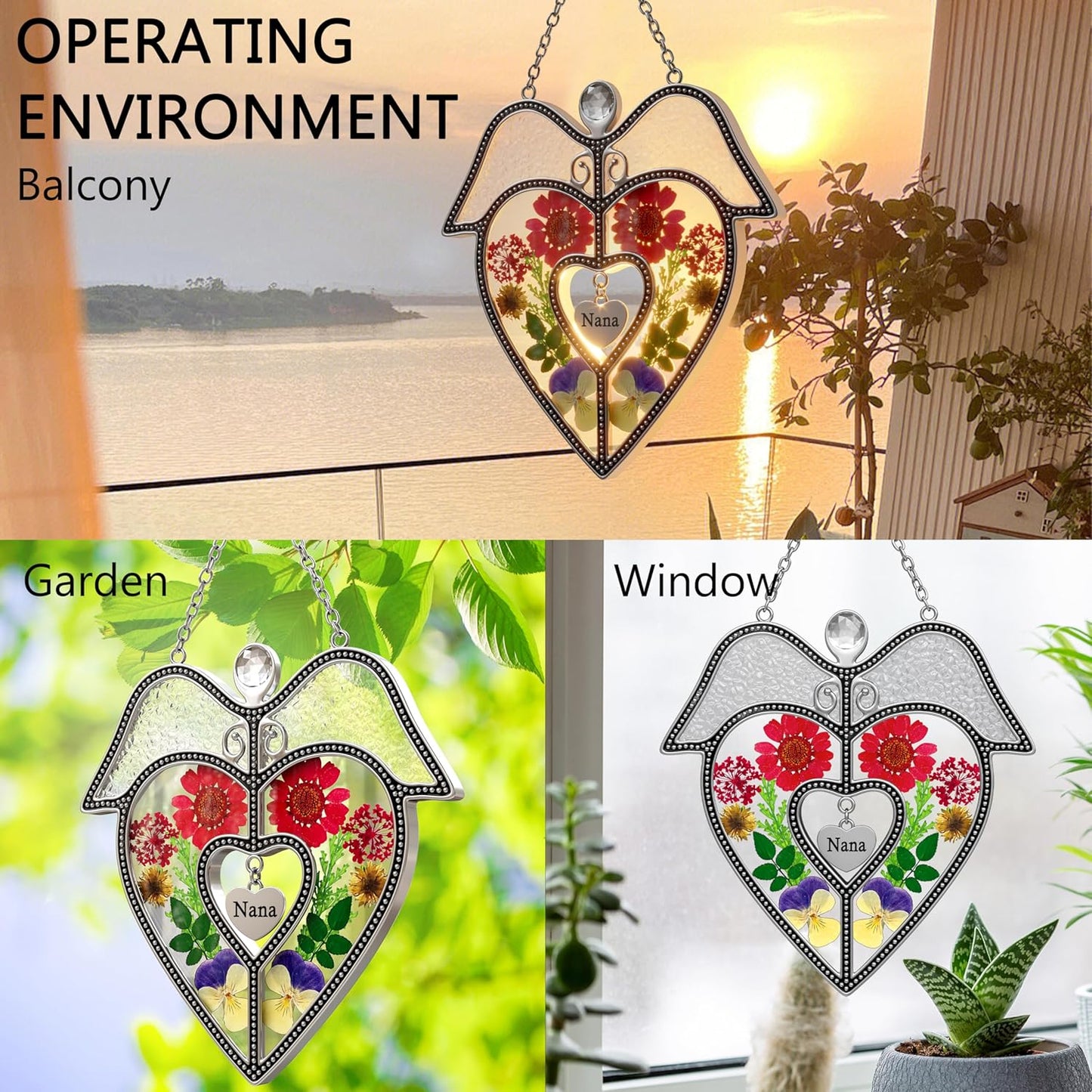 KY&BOSAM Angel Heart Suncatcher Nana Gifts Stained Glass Window Hangings Wind Chiem Ornament with Pressed Real Flowers Engraved and Metal Heart Charm Birthday Gifts for Women Mother’s Day Christmas