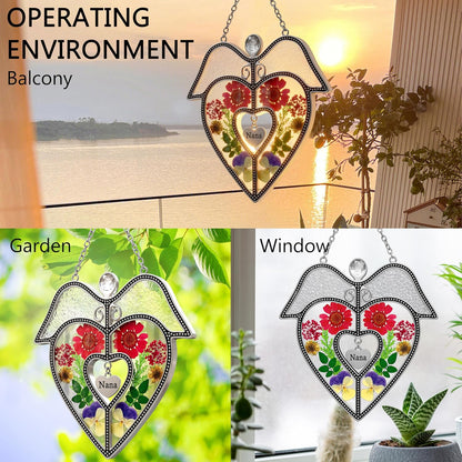 KY&BOSAM Angel Heart Suncatcher Nana Gifts Stained Glass Window Hangings Wind Chiem Ornament with Pressed Real Flowers Engraved and Metal Heart Charm Birthday Gifts for Women Mother’s Day Christmas