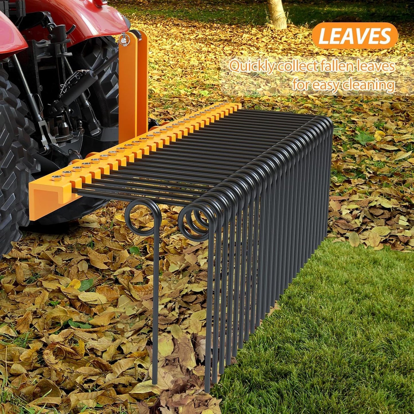 72" Durable Powder Coated Steel Pine Straw Rake, Steel Spring Landscape Rake for Leaves, Pine Needles, Straw, and Grass Attaches to Cat 0 Cat 1,3 Point Hitch Tractor, Yellow