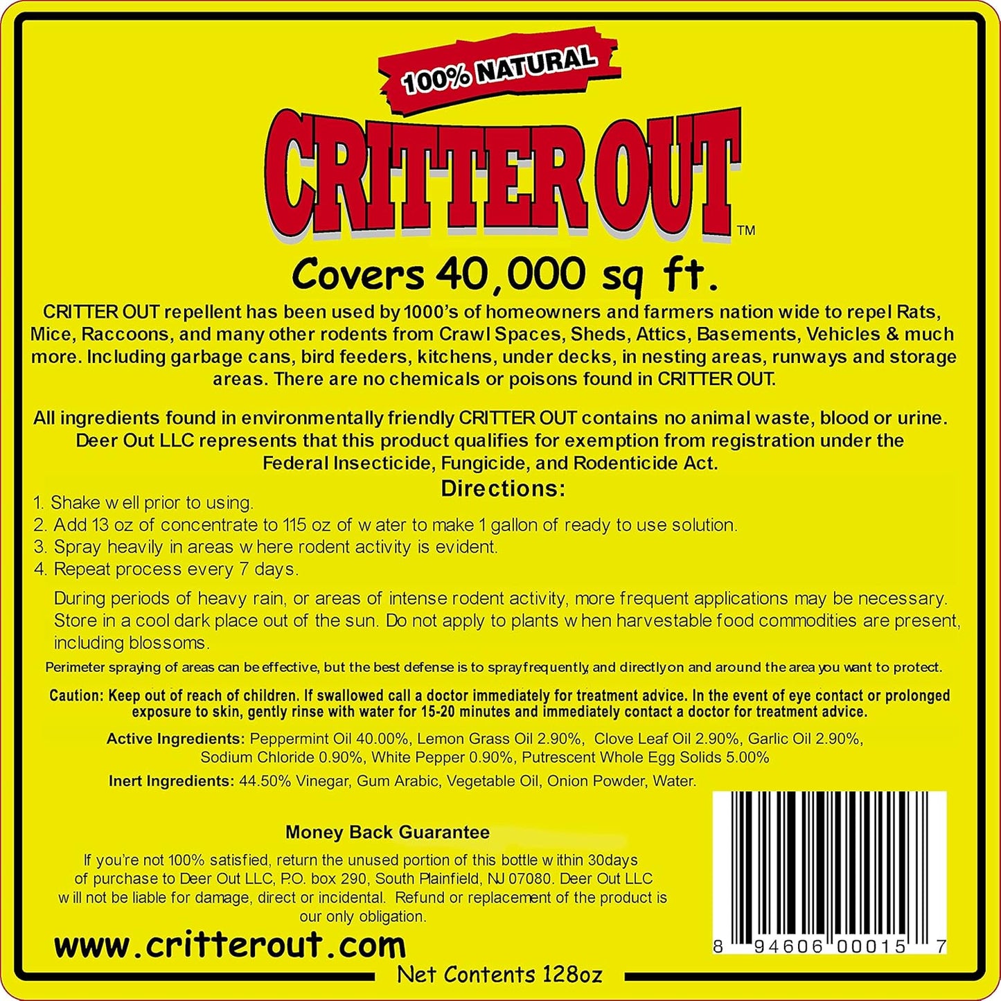Mouse & Rat Repellent: Peppermint Oil Rodent Repellent, Get Rid of Rats, Mice & Rodents in Your Home & Outside, Protect Engine Wiring, Prevent Nesting, Stops Chewing. Critter Out 1 Gallon Concentrate