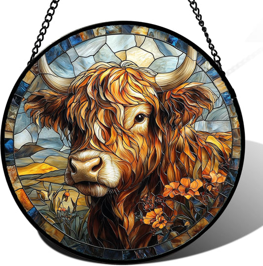 Stained Glass Window Hanging - Funny Cow Flower Suncatcher Ready to Hang Window Doors Home