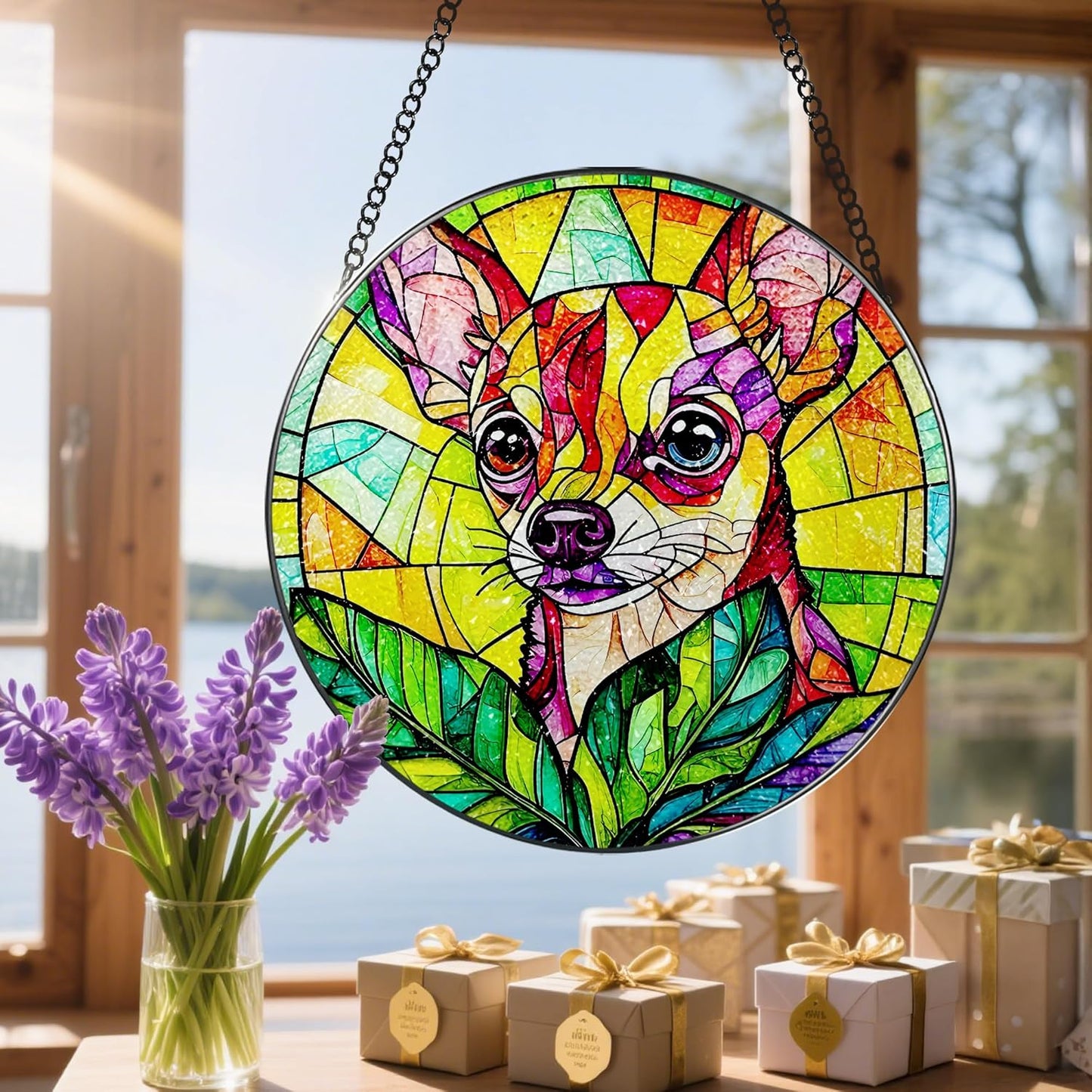 8″ Stained Glass Window Hanging Ornament, Vibrant Chihuahua Stained Glass Suncatcher Ornament, Sun-Catcher Window Decor | Gifts for Dog Lovers, Dog Lover Gift, Pet Lover Gift