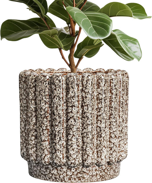 Ceramic Pots for Plants - 12 Inch Planter for Indoor Plants, Round Flower Pots with Drainage Hole, Large Ceramic Planter Outdoor, Porch Decor, Housewarming Gifts, Leopard Print White