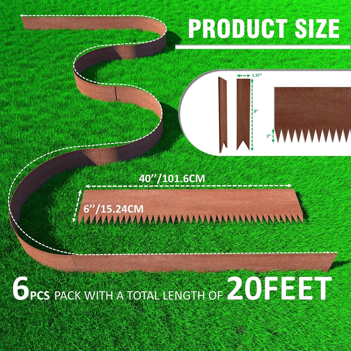 20ft. 6-Pack Cor-Ten Steel Landscape Edging - 40" L x 6" H Metal Edging for Landscaping with 6 Stakes, Hammer-in Garden Edging, Metal Landscape Edging for Flower beds, Lawn & Yard (Rusted)