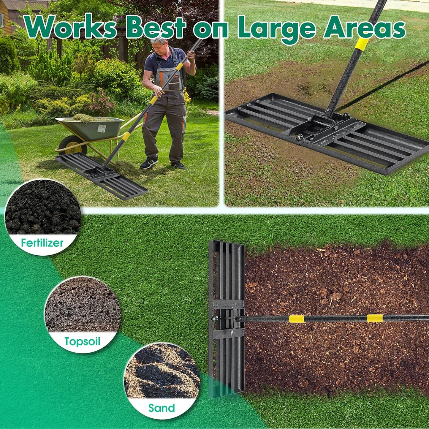 Lawn Leveling Rake,Folding 30x10 Inch Ground Plate,70 Inch Adjustable Long Handle Yard Level Tool with Curved Edge,Heavy Duty Landscaping Lawn Leveler for Grass, Golf Field, Soil Sand Dirt Spreader