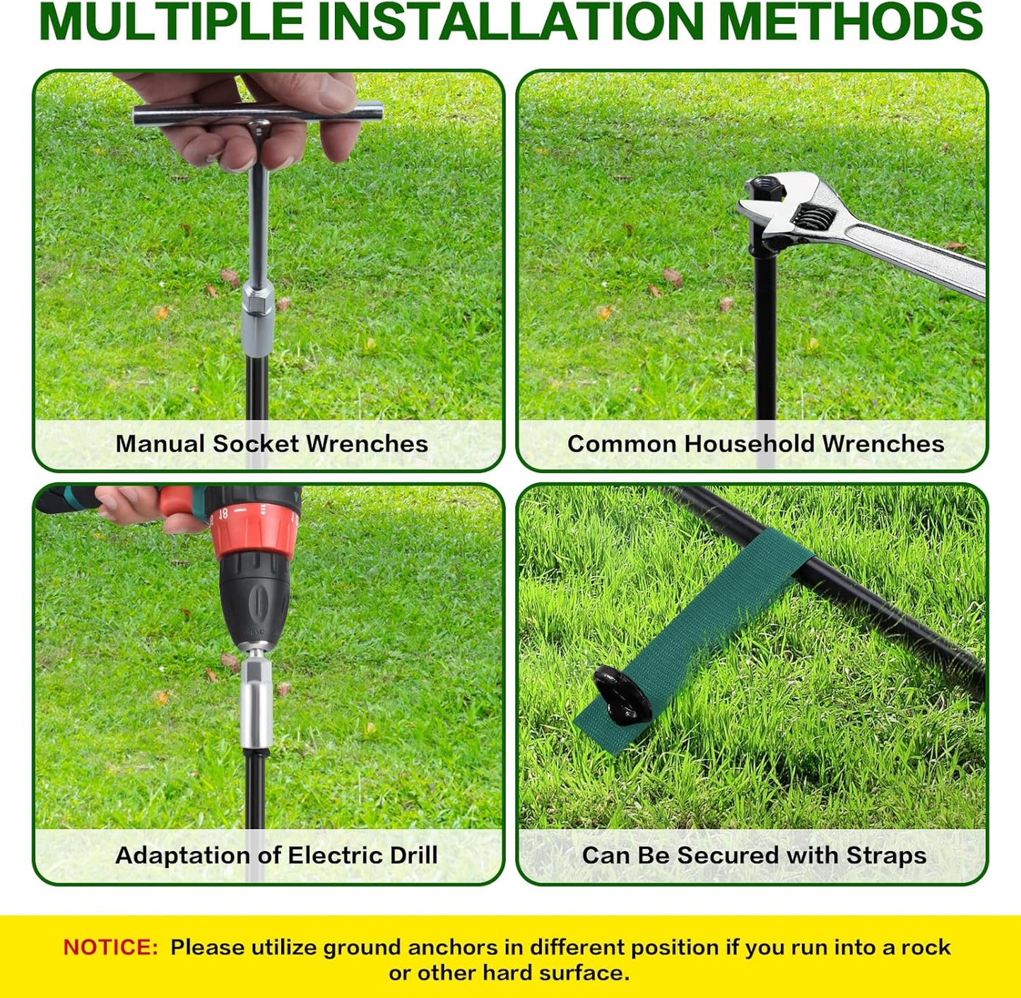 18-Inch Ground Anchors Screw in Heavy Duty, 4 Pack Shed Anchor Kit with Wrenches and Straps, High Wind Trampoline Anchors & Stakes for Swing Sets, Camping Tent, Carport, Plants, Mobile Home