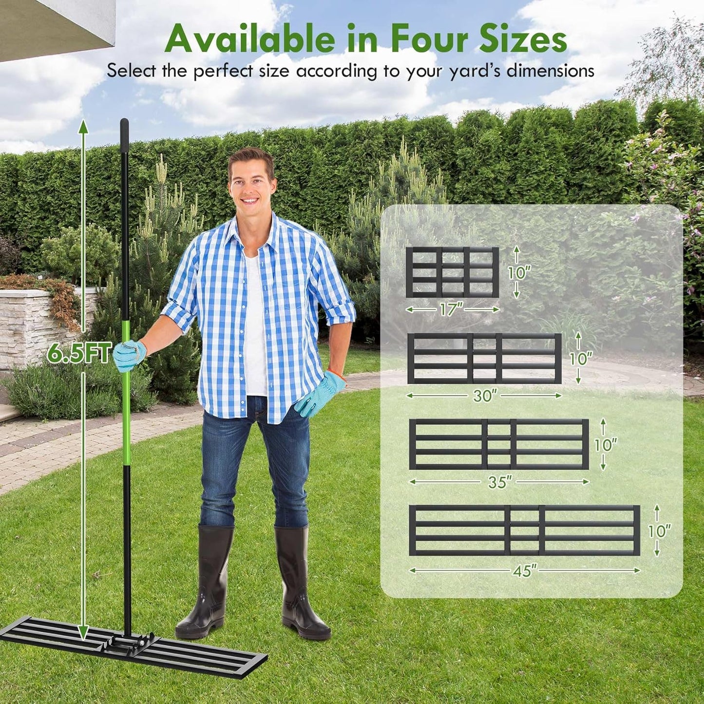 Seeutek Lawn Leveling Rake, 45” x 10” Lawn Leveler with 6.5FT Durable Handle Rakes for Lawns, 0-180° Adjustable Ground Leveler Tool for Yard, Level Soil Sand Dirt Surfaces
