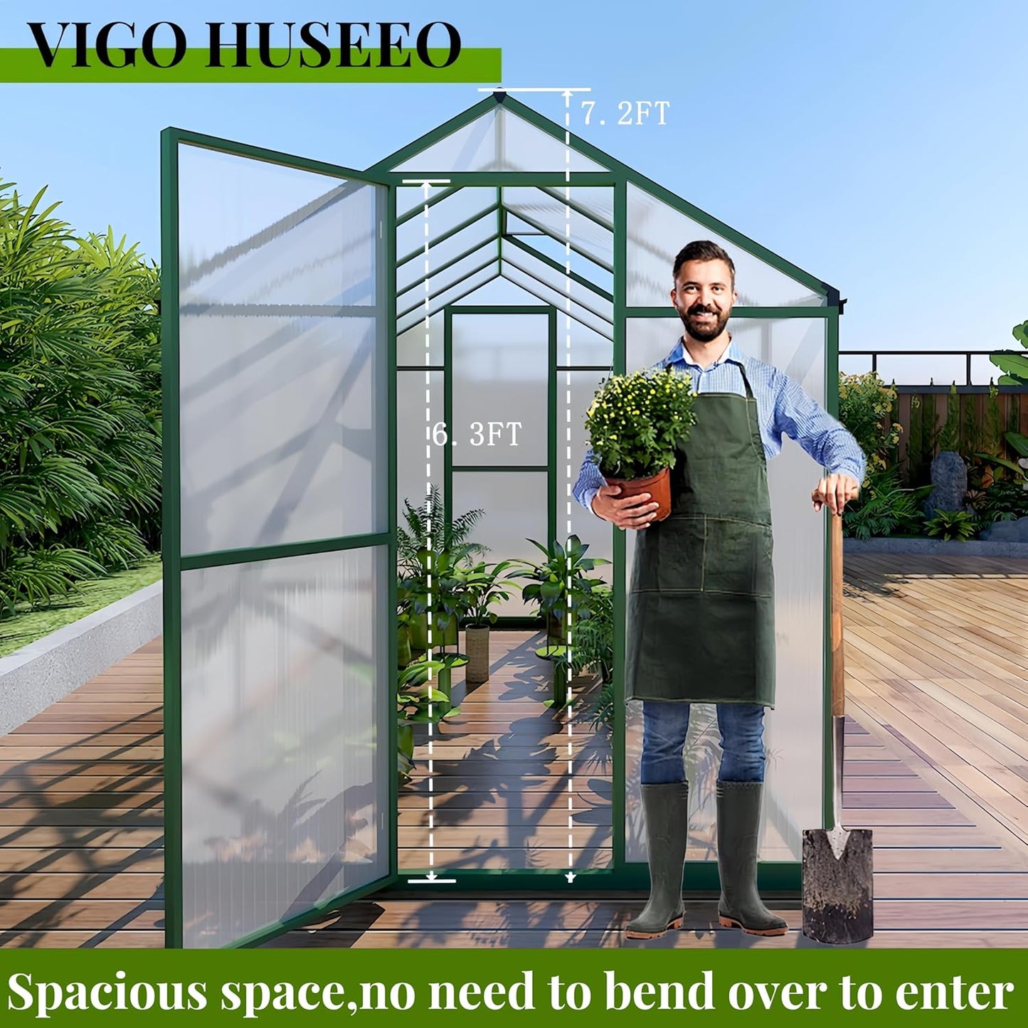 72*120in Greenhouse for Outdoors, Polycarbonate Greenhouse with Stronger Wind Protection and Roof Vent, Walk-in Large Aluminum Sunroom Winter Proof, Green