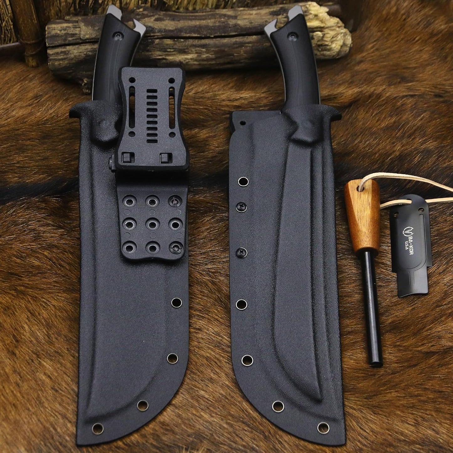 BA-KOR 5MM Full Tang (9CR18MOV) steel 14.1-inch chopping knife+K sheath&5.9-inch cerium igniter can be used for outdoor hunting, camping, obstacle removal, barbecue, fishing, kitchen cutting EDC， Gift giving
