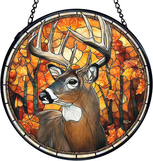 TNUW Fall Deer Stained Glass Window Hanging, Rustic Autumn Forest Wildlife Deer Sun Catchers Indoor Window Glass Round Wall Art Decor, Fall Wall Hanging Decorations, 7.9＂x7.9＂
