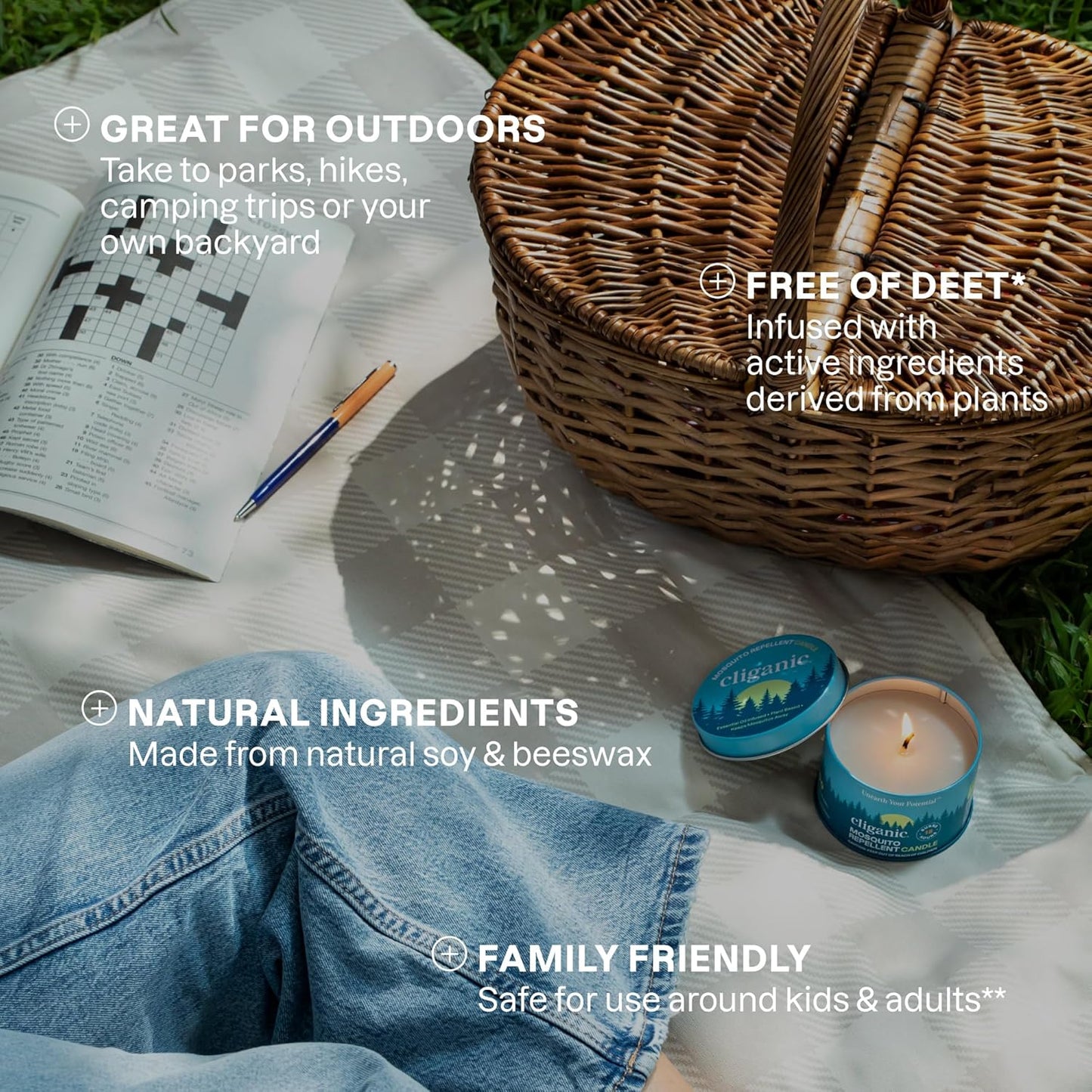 Cliganic Natural Mosquito Repellent Candle (Pack of 4) | Citronella, DEET Free, Essential Oil Infused for Outdoor, Camping | Burns 18 Hours