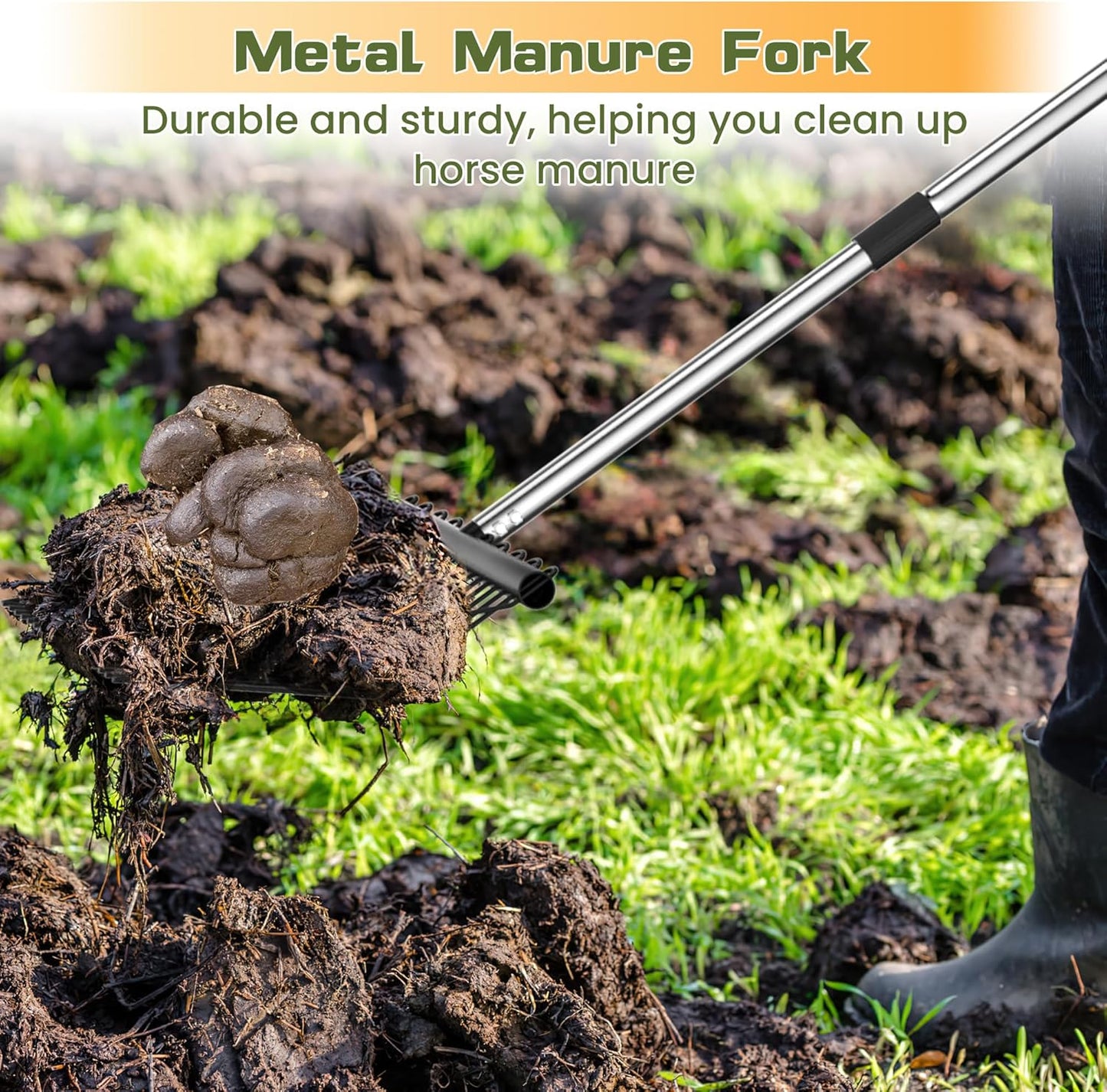 Manure Fork - Metal Horse Manure Rake with 2 Durafork Replacement Heads and 1 Steel Handle, Rustproof Heavy Duty Hay Pitch Fork for Horse Stall Poop