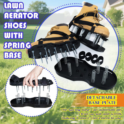 Lawn Aerator Shoes for Grass, Double Layer with Spiked Bottom and Spring Base, Soil Yard Aerator Tool for Aerating Patio Garden with Adjustable Strap, Black