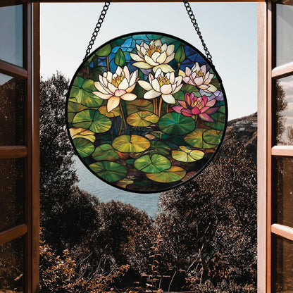 Stained Glass Window Hanging - Water Lily Birth Flower Suncatcher for Door Garden Retro Floral Sun Catchers Decor Christmas Mother's Day Birthday Gifts for Women Mom Nana Friend Wife 7.8 in