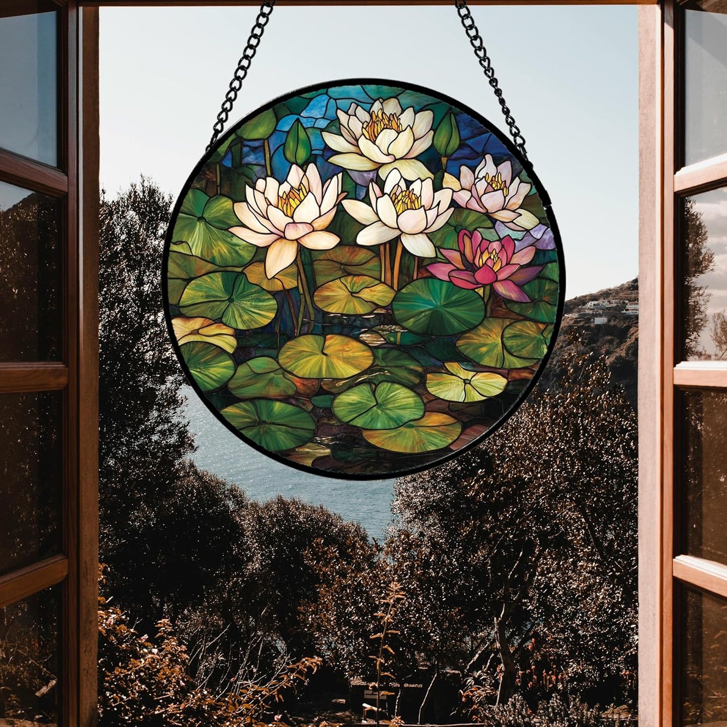 Stained Glass Window Hanging - Water Lily Birth Flower Suncatcher for Door Garden Retro Floral Sun Catchers Decor Christmas Mother's Day Birthday Gifts for Women Mom Nana Friend Wife 11.8 in