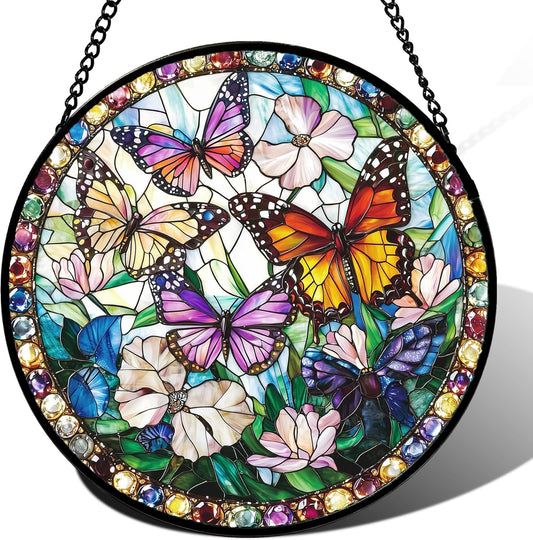 Stained Glass Window Hanging, Colorful Butterfly Suncatcher for Doors Home Sun Catchers Decoration