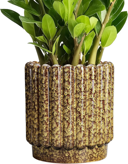 Ceramic Planter - 7.6 Inch Ceramic Plant Pots Indoor, Round Flower Pots with Drainage Hole, Fluted Decorative Outdoor Planters, Office Home Decor, Plant Lover Gifts, Yellow